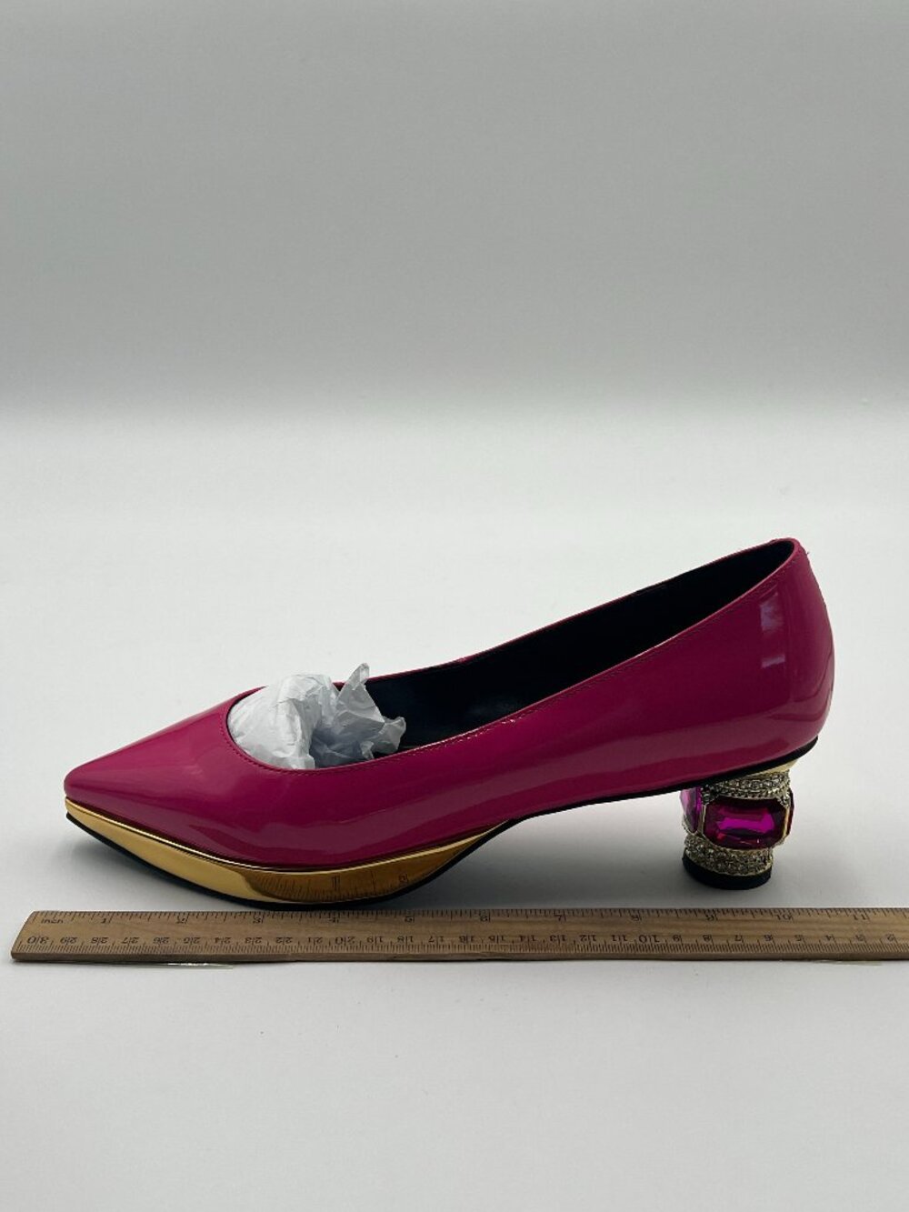 FSJ Pink Bridal Pointed Toe Block Low Heel Crystal Pumps Gold Trim Slip on Shoes